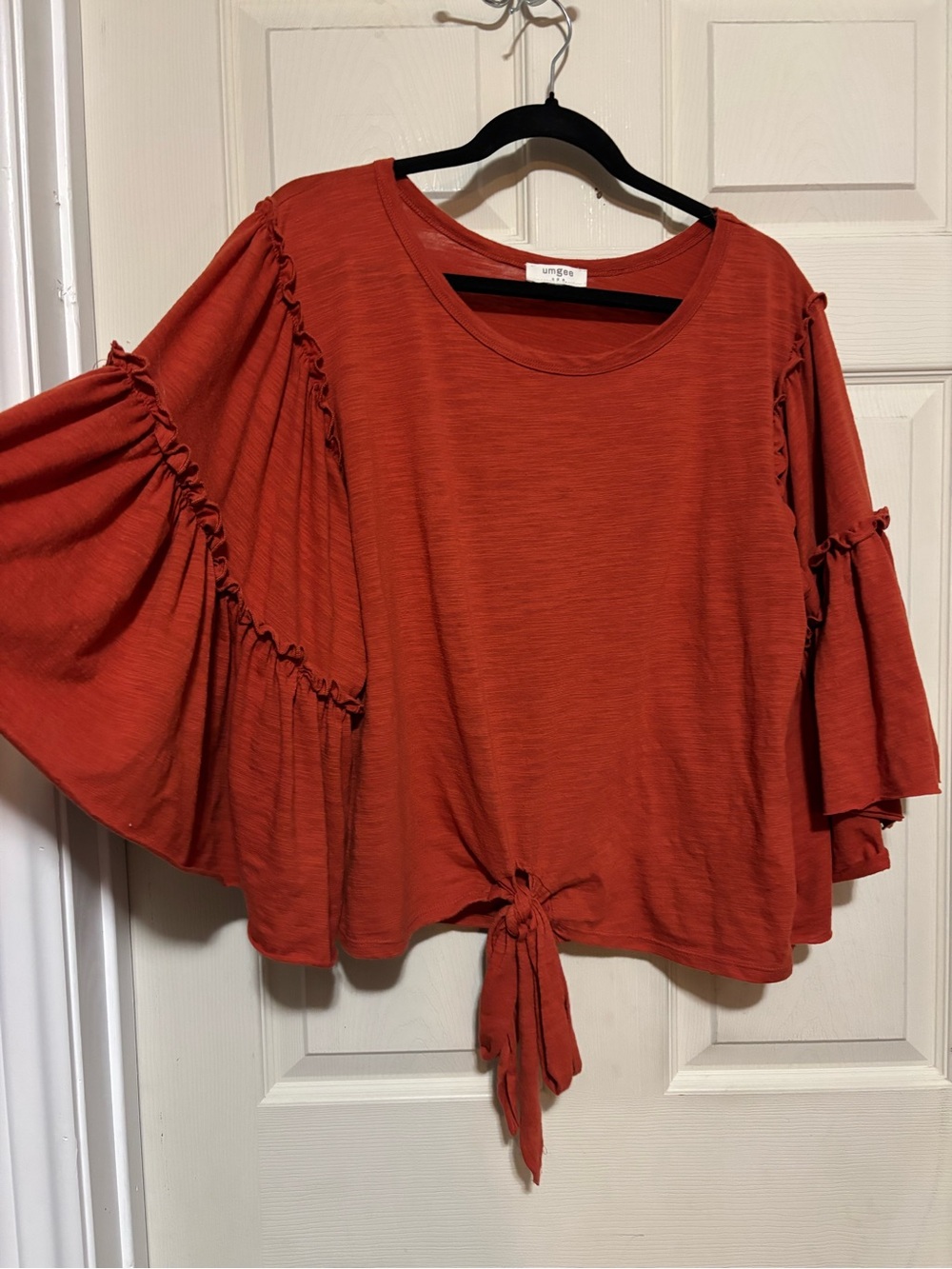 Umgee Rust Tie-Front Ruffle Bell Sleeve Tunic